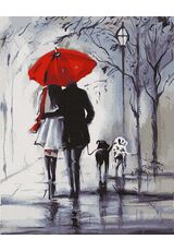 Spaziergang unter dem roten Regenschirm