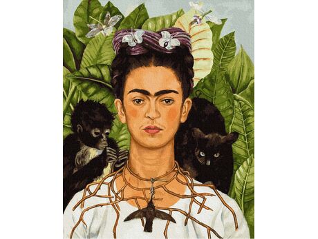 Frida Kahlo. Dornenhalskette und Kolibri-Porträt malen nach zahlen