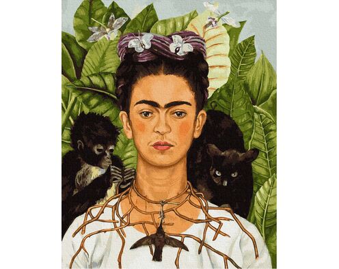 Frida Kahlo. Dornenhalskette und Kolibri-Porträt