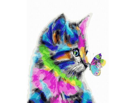 Eine Katze und ein Schmetterling in bunten Tönen malen nach zahlen