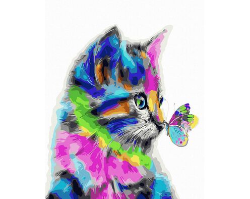 Eine Katze und ein Schmetterling in bunten Tönen
