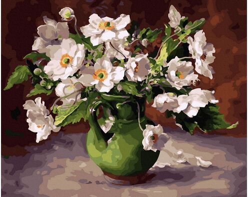 Weiße Blumen in einem grünen Krug 40cm*50cm (Ohne Rahmen)