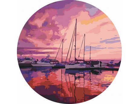 Sonnenuntergang über der Marina 40x40 cm auf rundem Rahmen malen nach zahlen