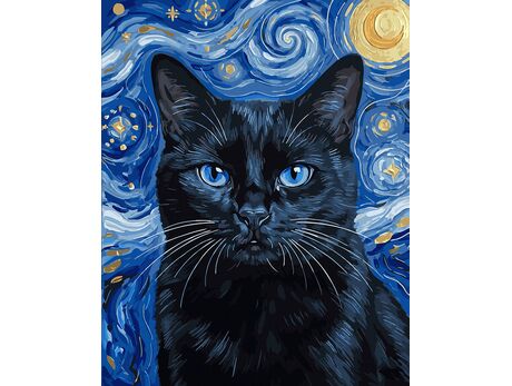 Schwarze Katze, beleuchtet von einer Sternennacht 40x50 cm malen nach zahlen