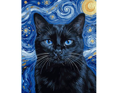 Schwarze Katze, beleuchtet von einer Sternennacht 40x50 cm