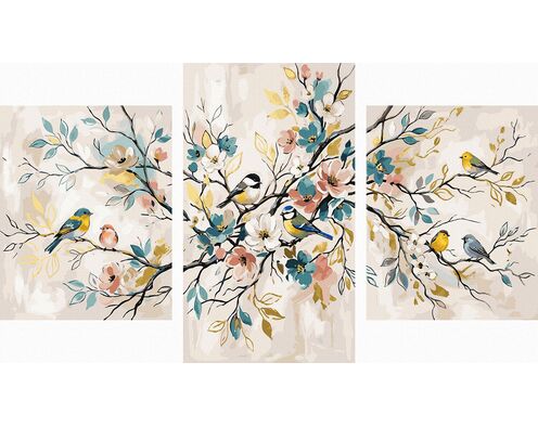 Vogelgesang auf den Zweigen Triptychon 70x120 cm