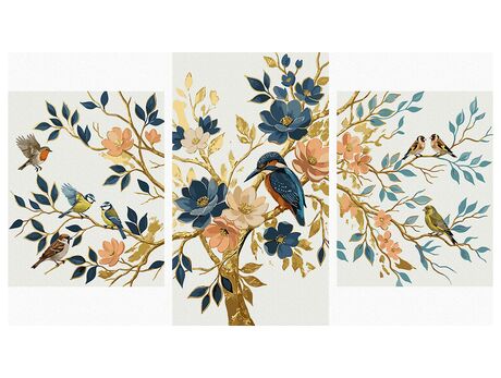 Vögel zwischen Blumen Triptychon 70x120 cm malen nach zahlen