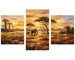 Sonnenuntergang in der Savanne Triptychon 70x120 cm