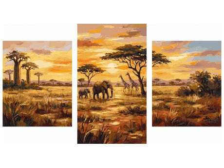 Sonnenuntergang in der Savanne Triptychon 70x120 cm malen nach zahlen
