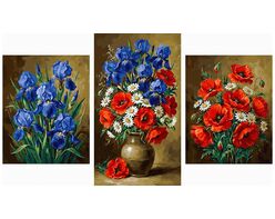 Schwertlilien, Mohnblumen und Gänseblümchen Triptychon 70x120 cm
