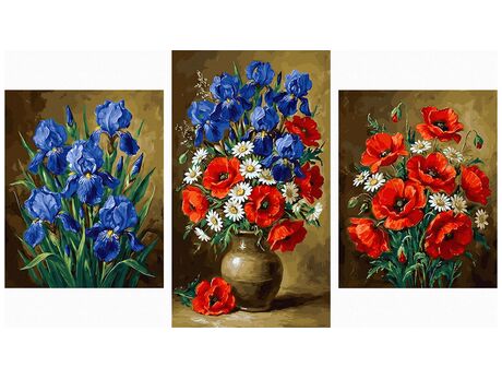 Schwertlilien, Mohnblumen und Gänseblümchen Triptychon 70x120 cm malen nach zahlen