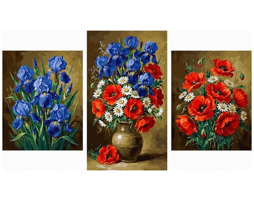 Schwertlilien, Mohnblumen und Gänseblümchen Triptychon 70x120 cm