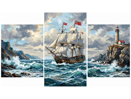 Fregatte auf stürmischen Wellen Triptychon 70x120 cm malen nach zahlen