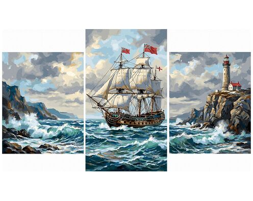 Fregatte auf stürmischen Wellen Triptychon 70x120 cm