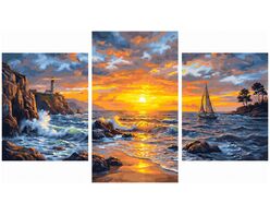 Sonnenuntergang über der felsigen Küste Triptychon 70x120 cm
