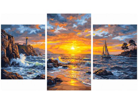 Sonnenuntergang über der felsigen Küste Triptychon 70x120 cm malen nach zahlen