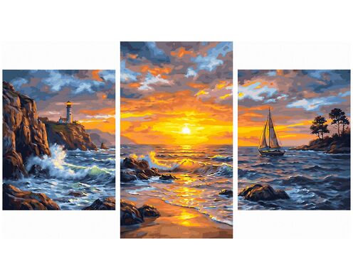 Sonnenuntergang über der felsigen Küste Triptychon 70x120 cm