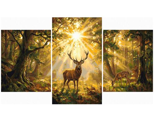 Hirsche in einem sonnendurchfluteten Wald Triptychon 70x120 cm